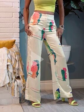 Abstract Print Wide-Leg Pants - Cream Multi